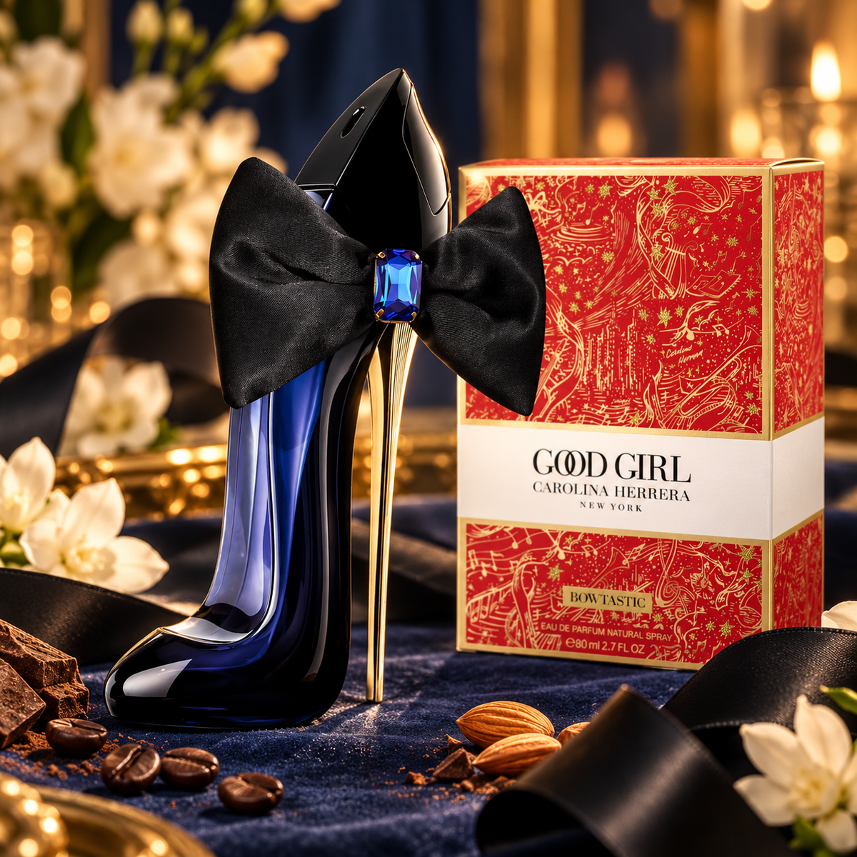 Carolina Herrera Good Girl Bowtastic Eau de Parfum bottle and packaging in a fragrance-inspired setting