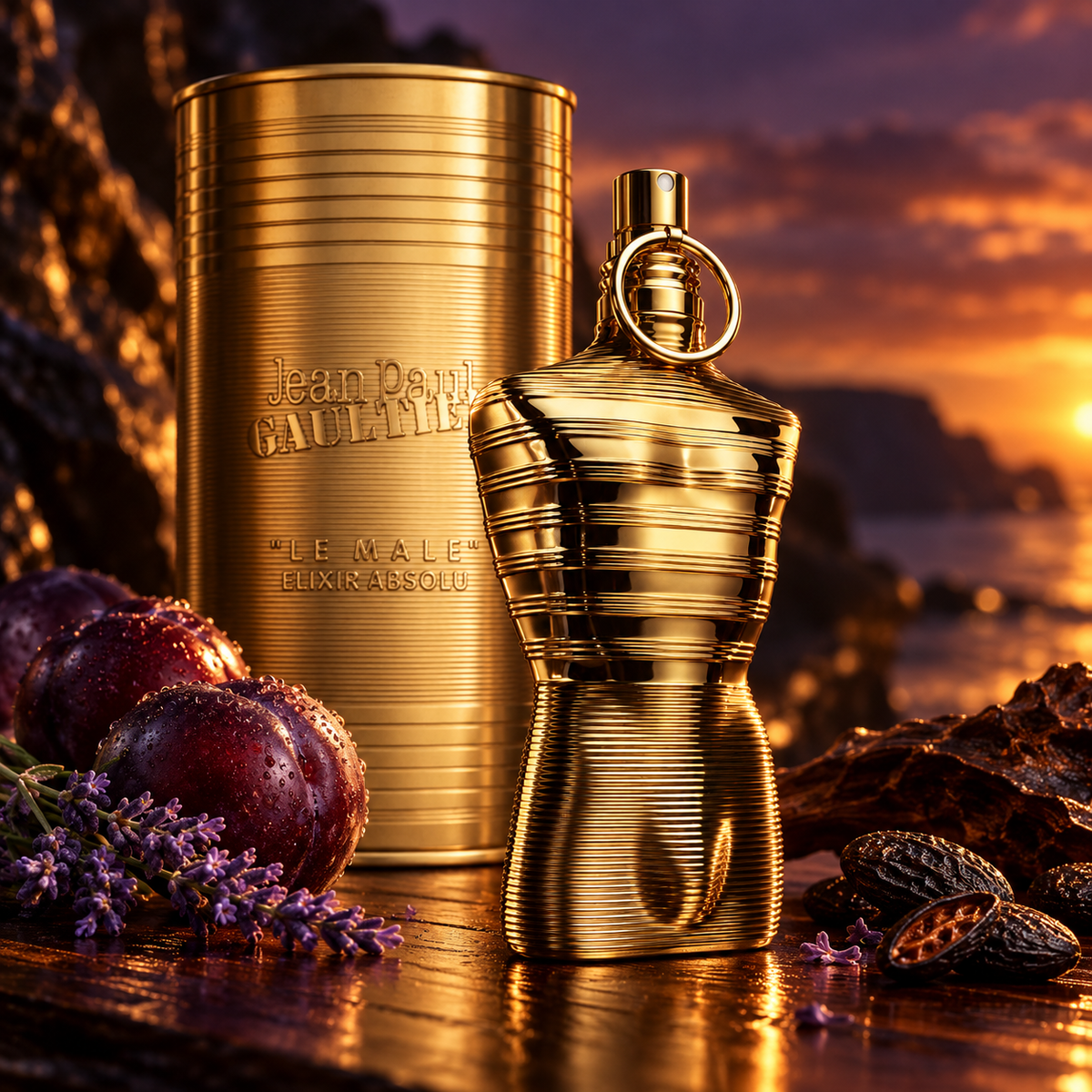 Jean Paul Gaultier Le Male Elixir Absolu Parfum Intense bottle and packaging in a fragrance-inspired setting