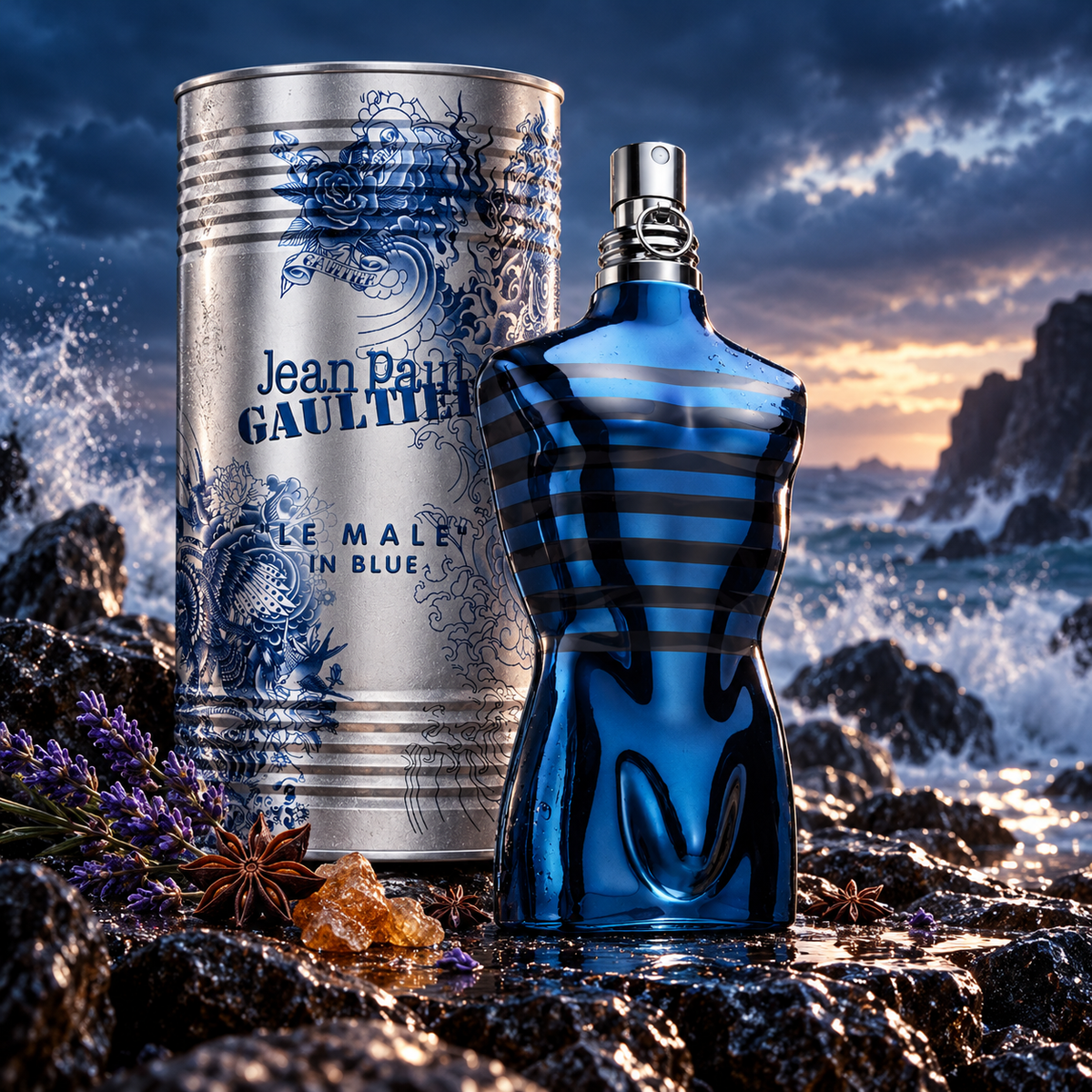 Jean Paul Gaultier Le Male In Blue Eau de Parfum bottle and packaging in a fragrance-inspired setting
