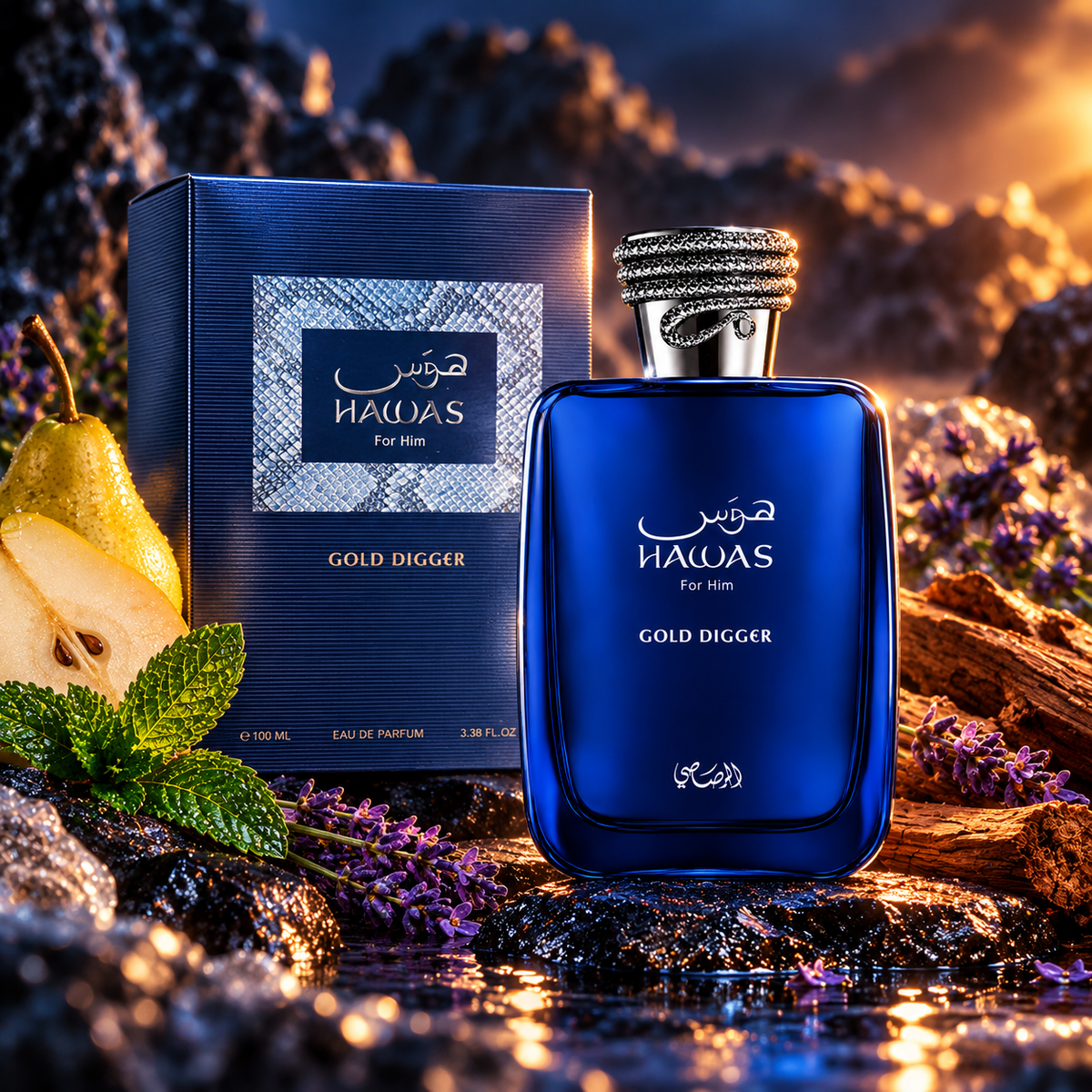 Rasasi Hawas Gold Digger For Him 100ml bottle and box in a fragrance-inspired setting