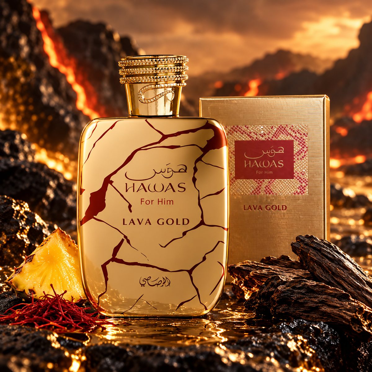 Rasasi Hawas Lava Gold Eau de Parfum bottle and packaging in a fragrance-inspired setting