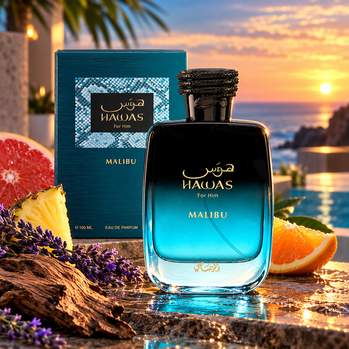 Rasasi Hawas Malibu Eau de Parfum bottle and packaging in a fragrance-inspired setting