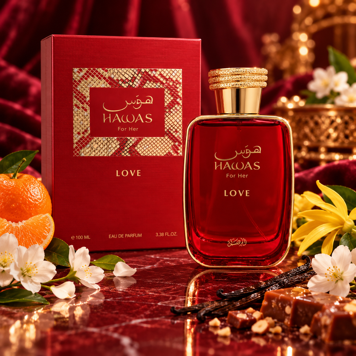 Rasasi Hawas Love For Her 100ml bottle and box in a fragrance-inspired setting