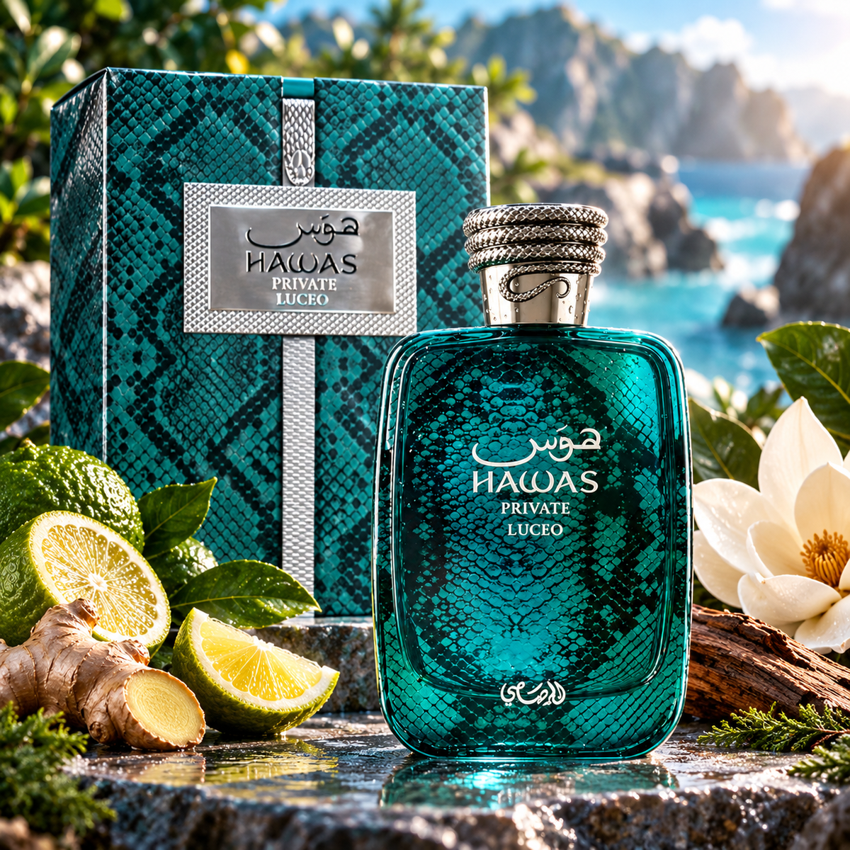 Rasasi Hawas Private Luceo 100ml bottle and box in a fragrance-inspired setting