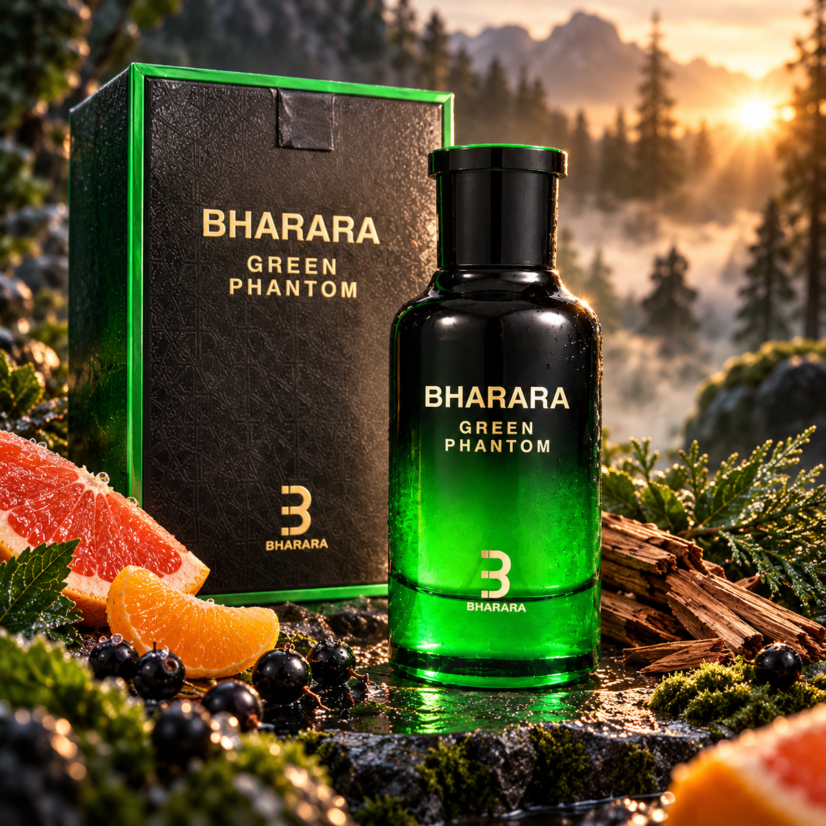 Bharara Green Phantom 100ml bottle and box in a fragrance-inspired setting