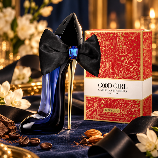 Carolina Herrera Good Girl Bowtastic Eau de Parfum bottle and packaging in a fragrance-inspired setting
