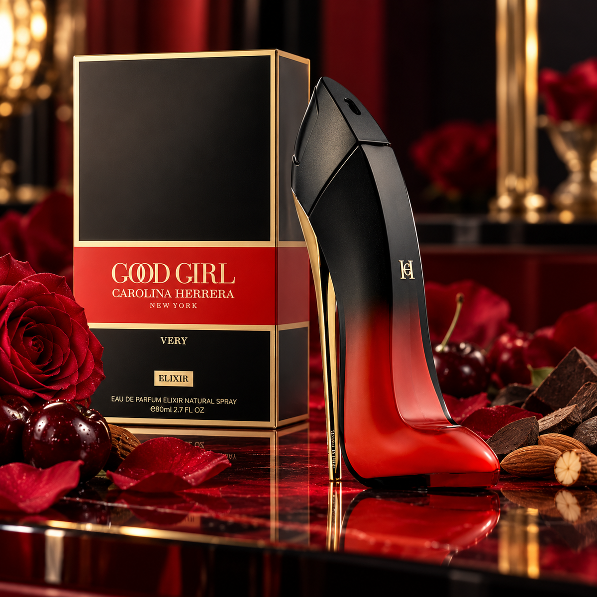 Carolina Herrera Very Good Girl Elixir Eau de Parfum bottle and packaging in a fragrance-inspired setting