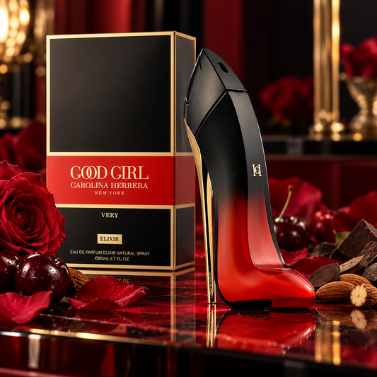 Carolina Herrera Very Good Girl Elixir Eau de Parfum bottle and packaging in a fragrance-inspired setting