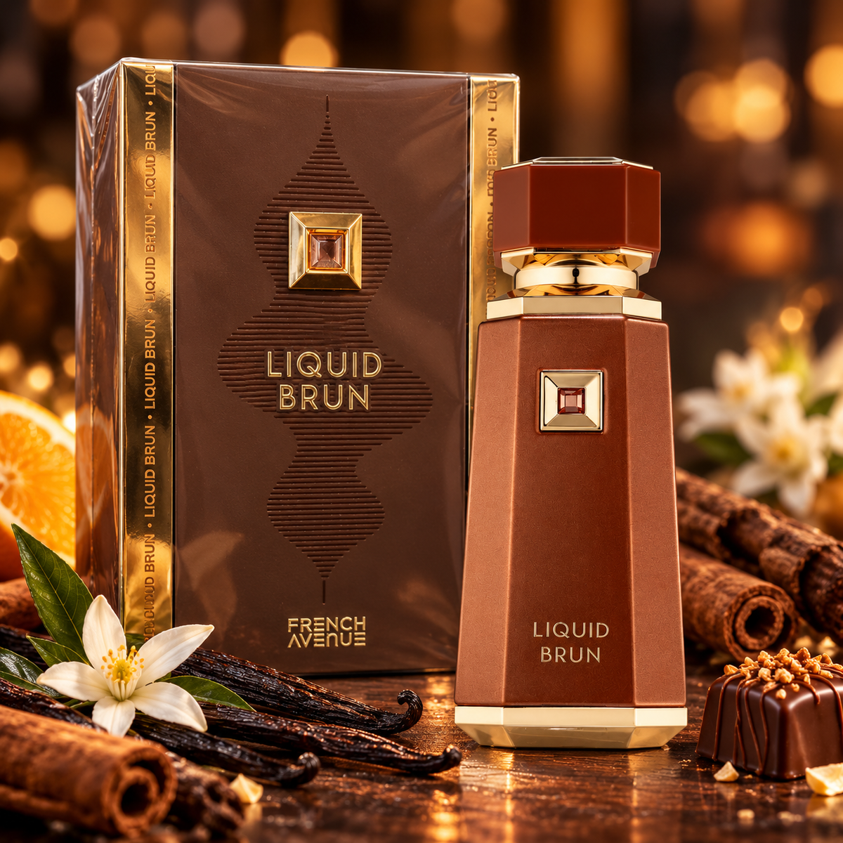 French Avenue Liquid Brun 100ml bottle and box in a fragrance-inspired setting