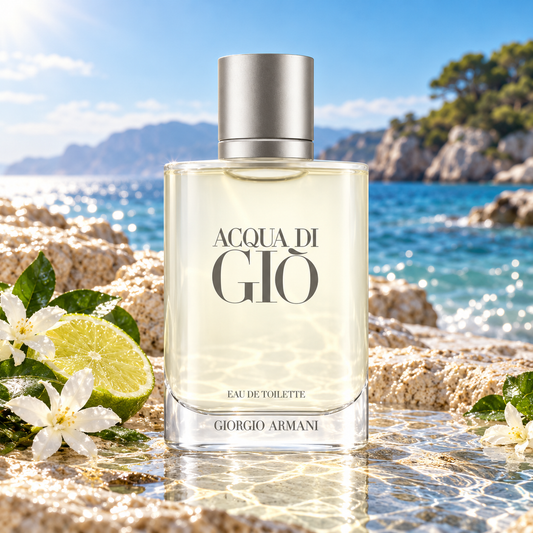Giorgio Armani Acqua di Gio 100ml fragrance bottle in a scent-inspired setting
