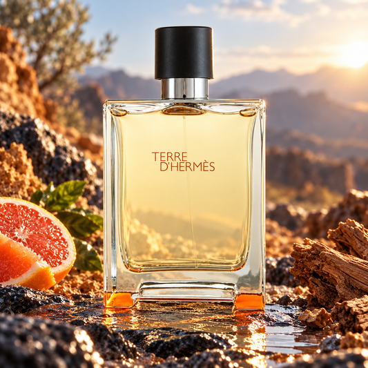 Hermes Terre d'Hermes 100ml fragrance bottle in a scent-inspired setting
