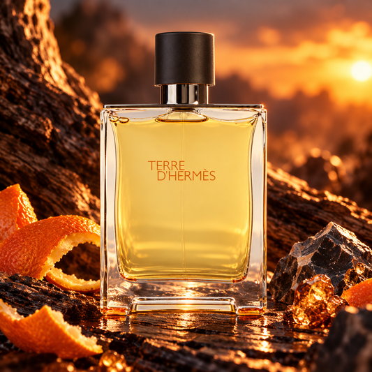 Hermes Terre d'Hermes 75ml fragrance bottle in a scent-inspired setting