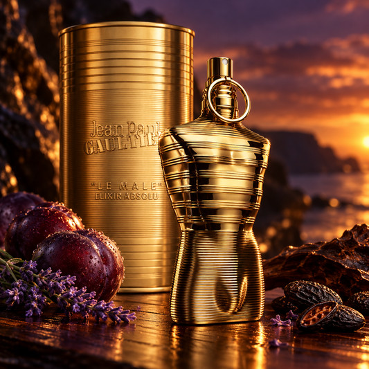 Jean Paul Gaultier Le Male Elixir Absolu Parfum Intense bottle and packaging in a fragrance-inspired setting