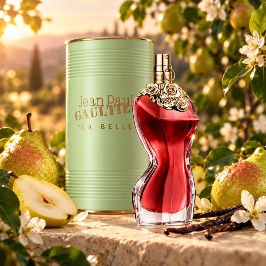 Jean Paul Gaultier La Belle Eau de Parfum bottle and packaging in a fragrance-inspired setting