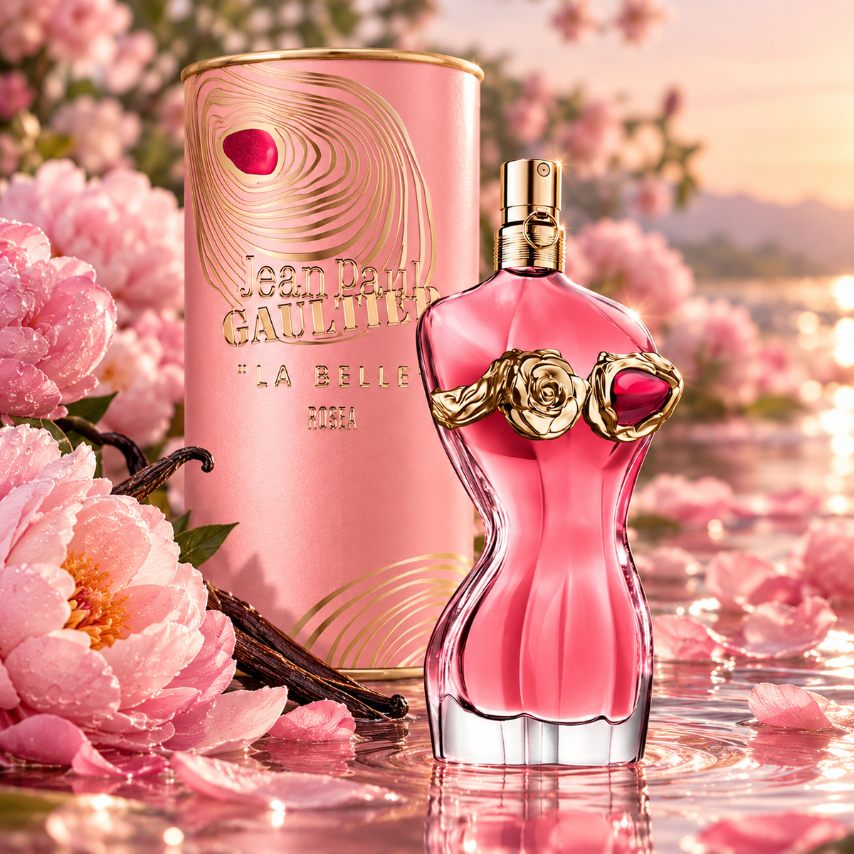 Jean Paul Gaultier La Belle Rosea Eau de Parfum bottle and packaging in a fragrance-inspired setting