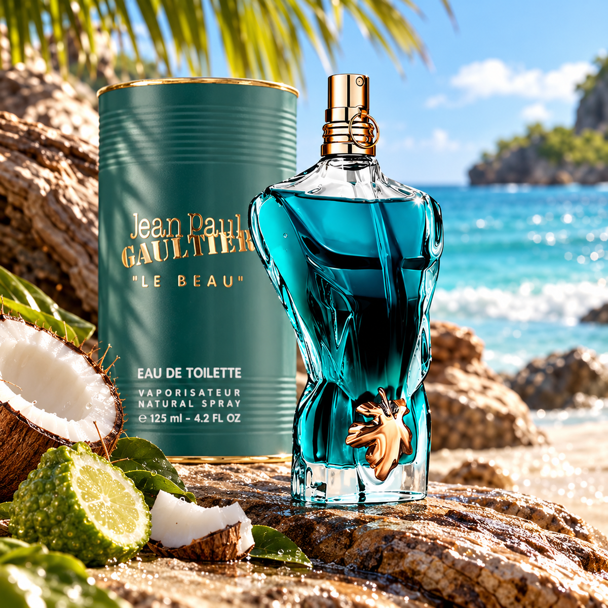 Jean Paul Gaultier Le Beau Eau de Toilette bottle and packaging in a fragrance-inspired setting