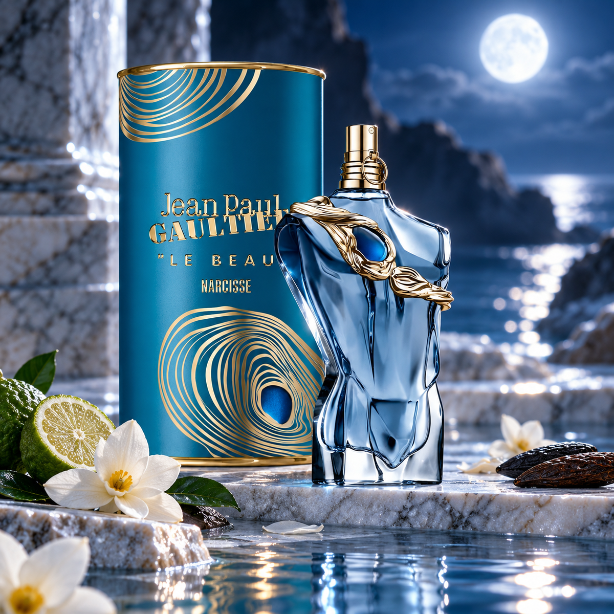 Jean Paul Gaultier Le Beau Narcisse Eau de Parfum bottle and packaging in a fragrance-inspired setting