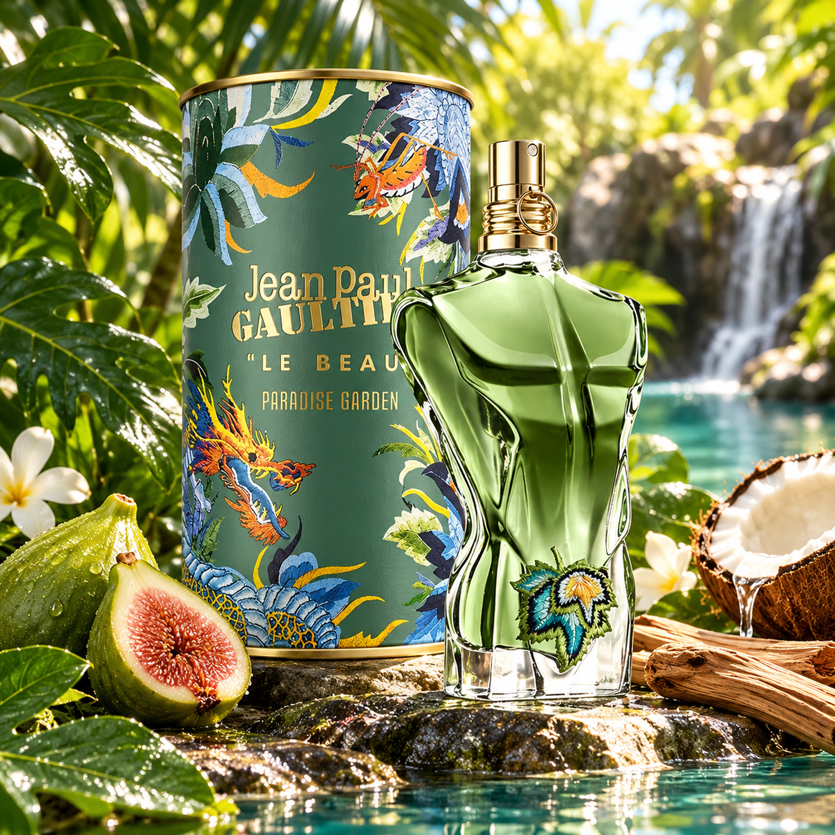 Jean Paul Gaultier Le Beau Paradise Garden Eau de Parfum bottle and packaging in a fragrance-inspired setting