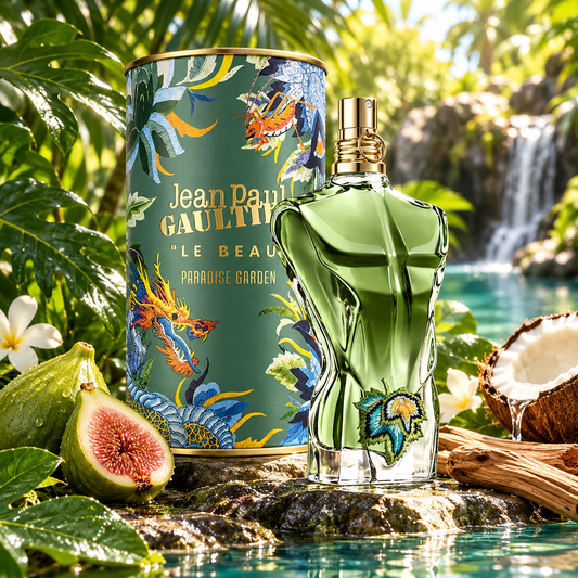 Jean Paul Gaultier Le Beau Paradise Garden Eau de Parfum bottle and packaging in a fragrance-inspired setting