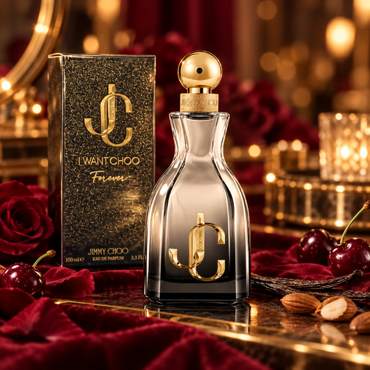 Jimmy Choo I Want Choo Forever Eau de Parfum bottle and packaging in a fragrance-inspired setting