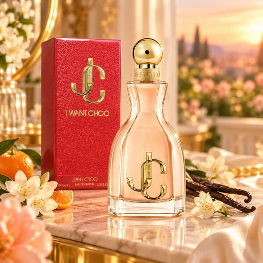 Jimmy Choo I Want Choo Eau de Parfum bottle and packaging in a fragrance-inspired setting