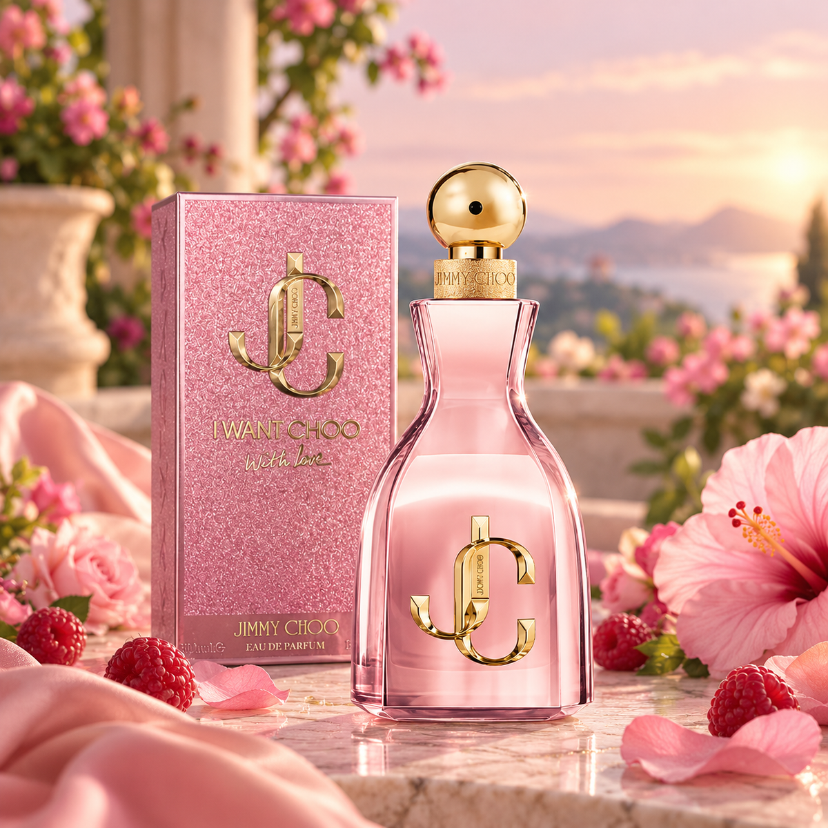 Jimmy Choo I Want Choo With Love Eau de Parfum bottle and packaging in a fragrance-inspired setting
