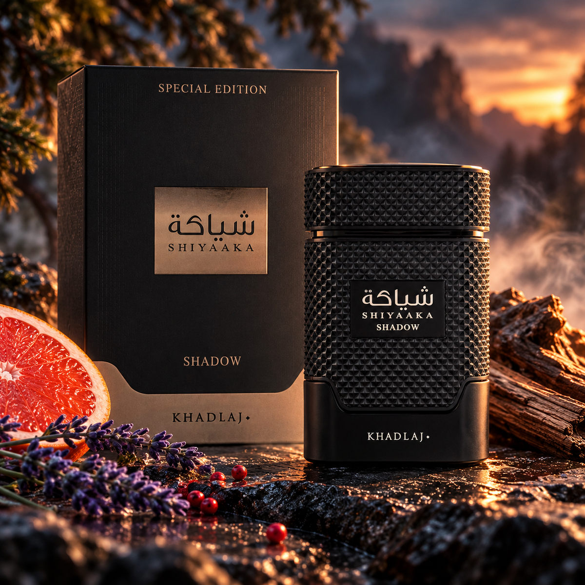 Khadlaj Shiyaaka Shadow Special Edition 100ml bottle and box in a fragrance-inspired setting