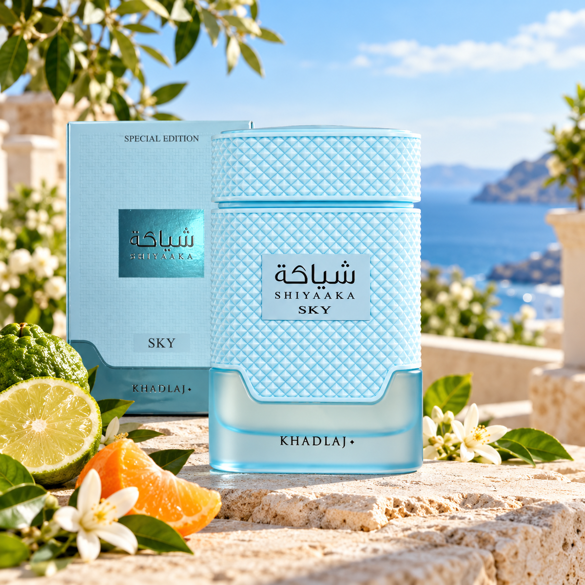 Khadlaj Shiyaaka Sky Special Edition Eau de Parfum bottle and packaging in a fragrance-inspired setting