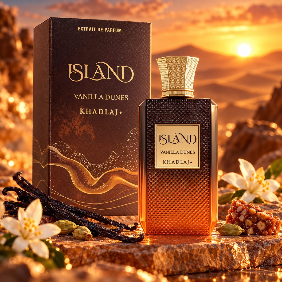 Khadlaj Island Vanilla Dunes 100ml bottle and box in a fragrance-inspired setting