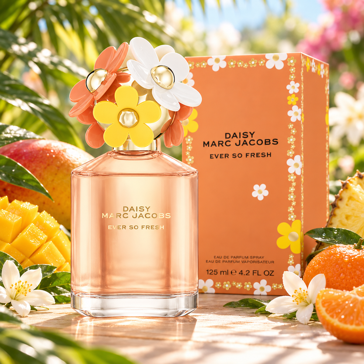 Marc Jacobs Daisy Ever So Fresh Eau de Parfum bottle and packaging in a fragrance-inspired setting