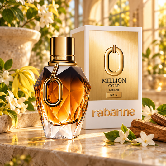 Rabanne Million Gold For Her Parfum bottle and packaging in a fragrance-inspired setting