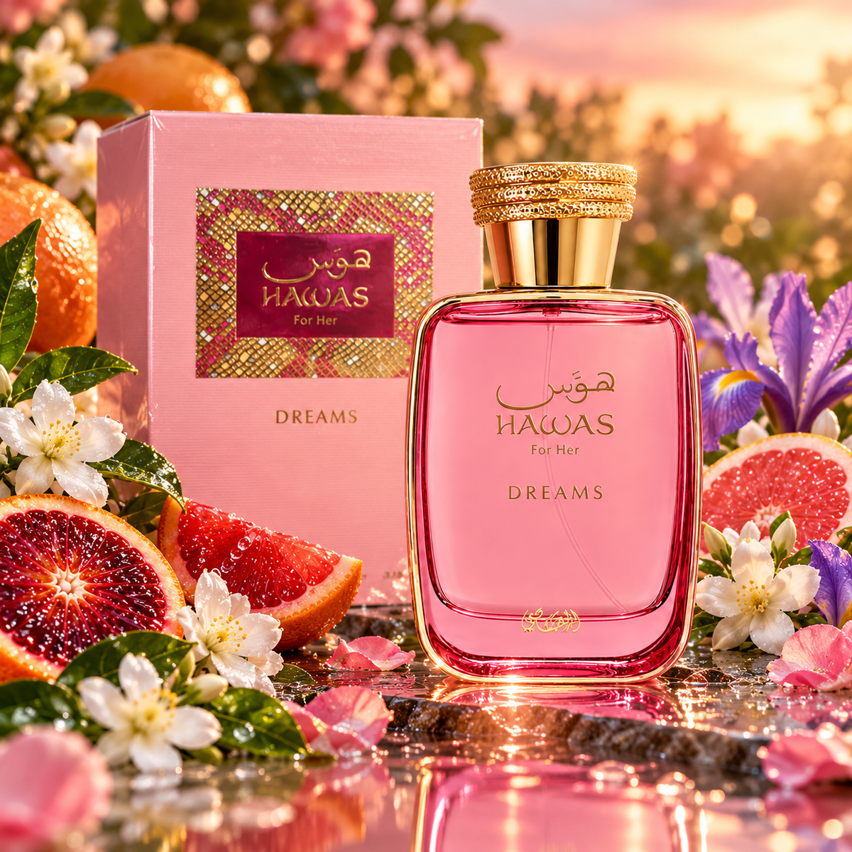 Rasasi Hawas Dreams For Her 100ml bottle and box in a fragrance-inspired setting