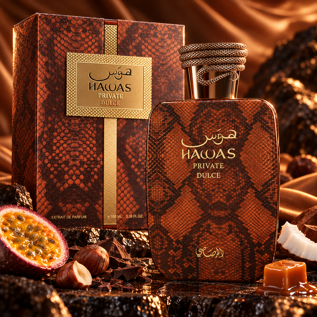 Rasasi Hawas Private Dulce 100ml bottle and box in a fragrance-inspired setting