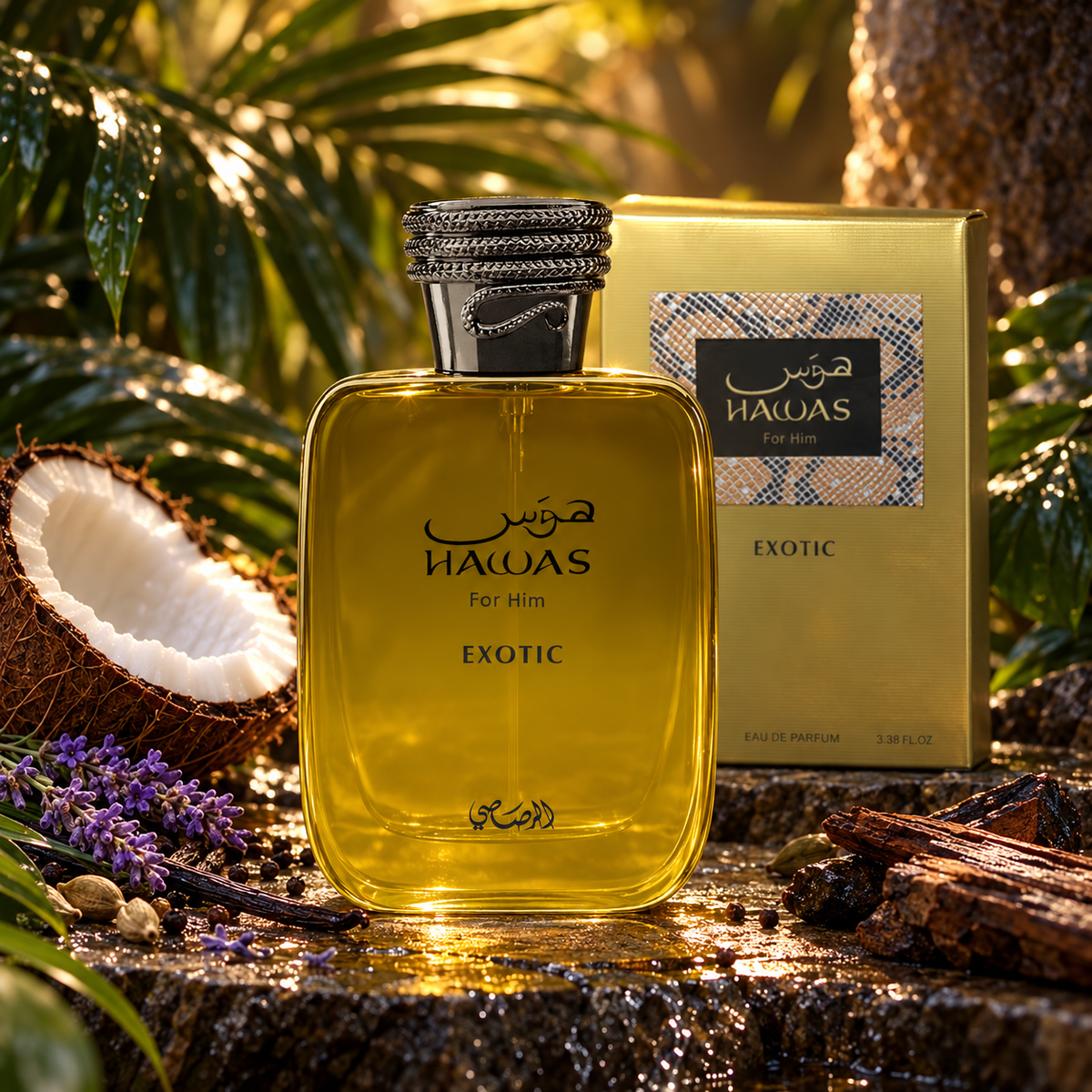Rasasi Hawas Exotic Eau de Parfum bottle and packaging in a fragrance-inspired setting