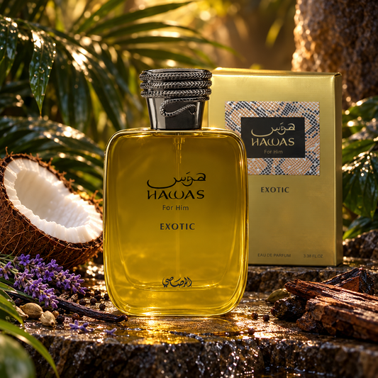 Rasasi Hawas Exotic Eau de Parfum bottle and packaging in a fragrance-inspired setting