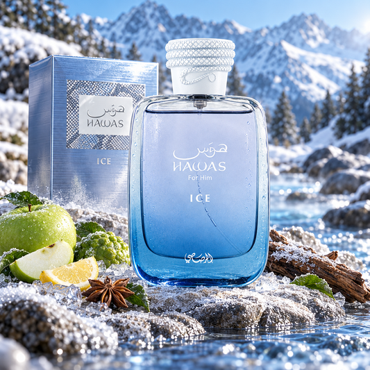 Rasasi Hawas Ice Eau de Parfum bottle and packaging in a fragrance-inspired setting