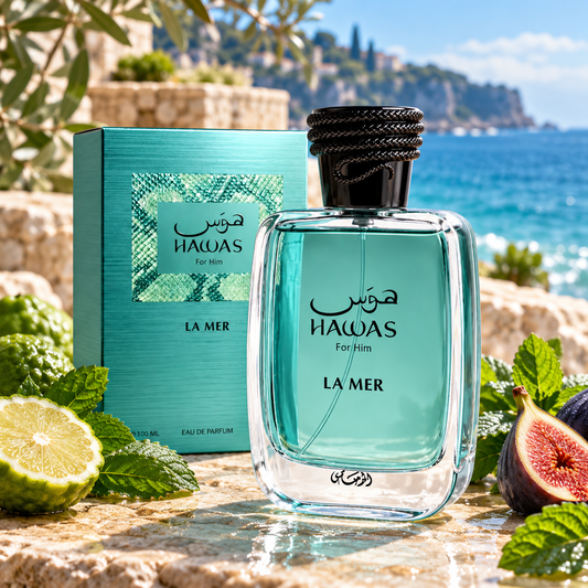 Rasasi Hawas La Mer Eau de Parfum bottle and packaging in a fragrance-inspired setting