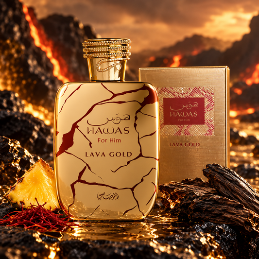 Rasasi Hawas Lava Gold Eau de Parfum bottle and packaging in a fragrance-inspired setting