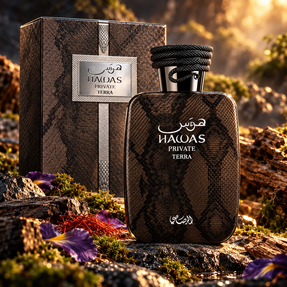 Rasasi Hawas Private Terra 100ml bottle and box in a fragrance-inspired setting