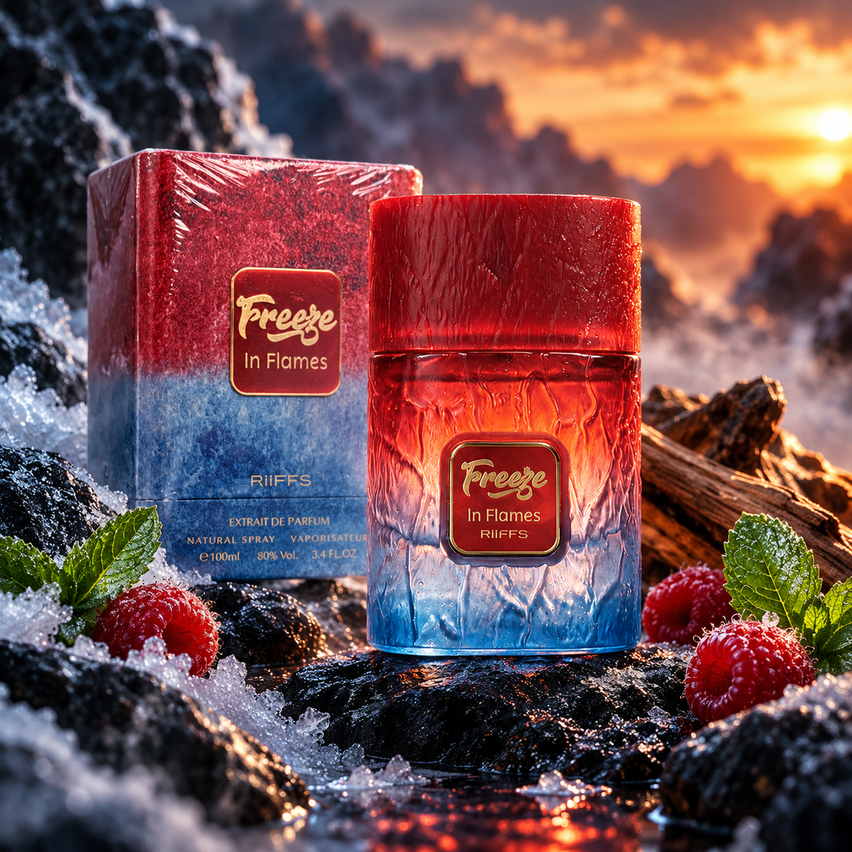 Riiffs Freeze In Flames Extrait de Parfum bottle and packaging in a fragrance-inspired setting